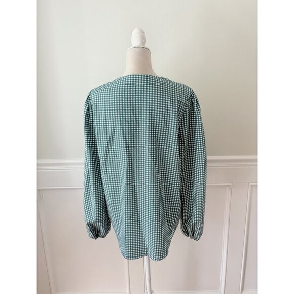 Green Gingham Check Split Neck Bishops Sleeve Blouse XL - Picture 4 of 6